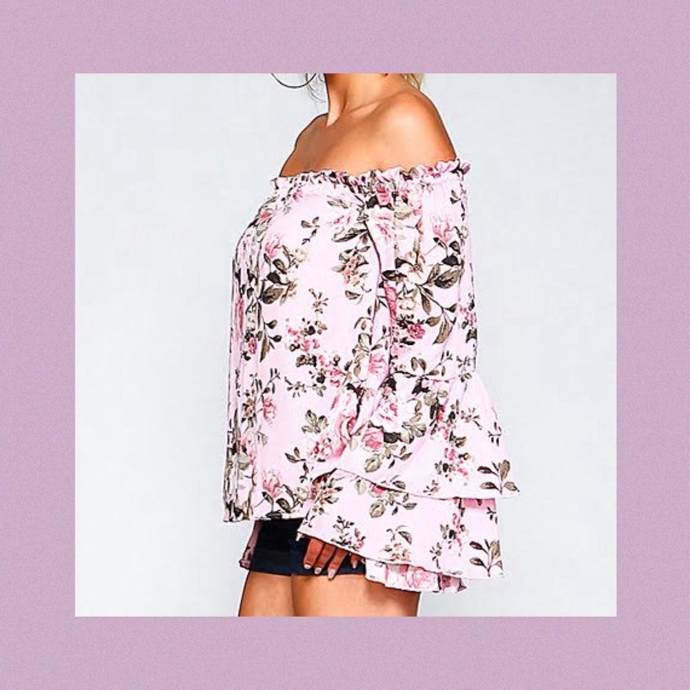 🔴 Floral Off the Shoulder Tiered Bell Sleeve Top New - Picture 5 of 5